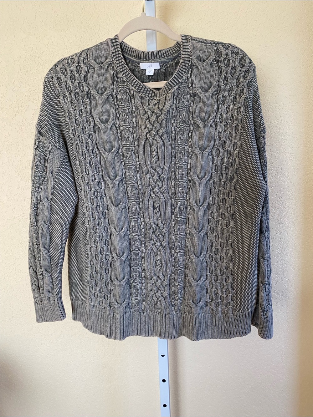 J. Jill Cable Knit Crewneck Sweater in Faded Blue-Gray.